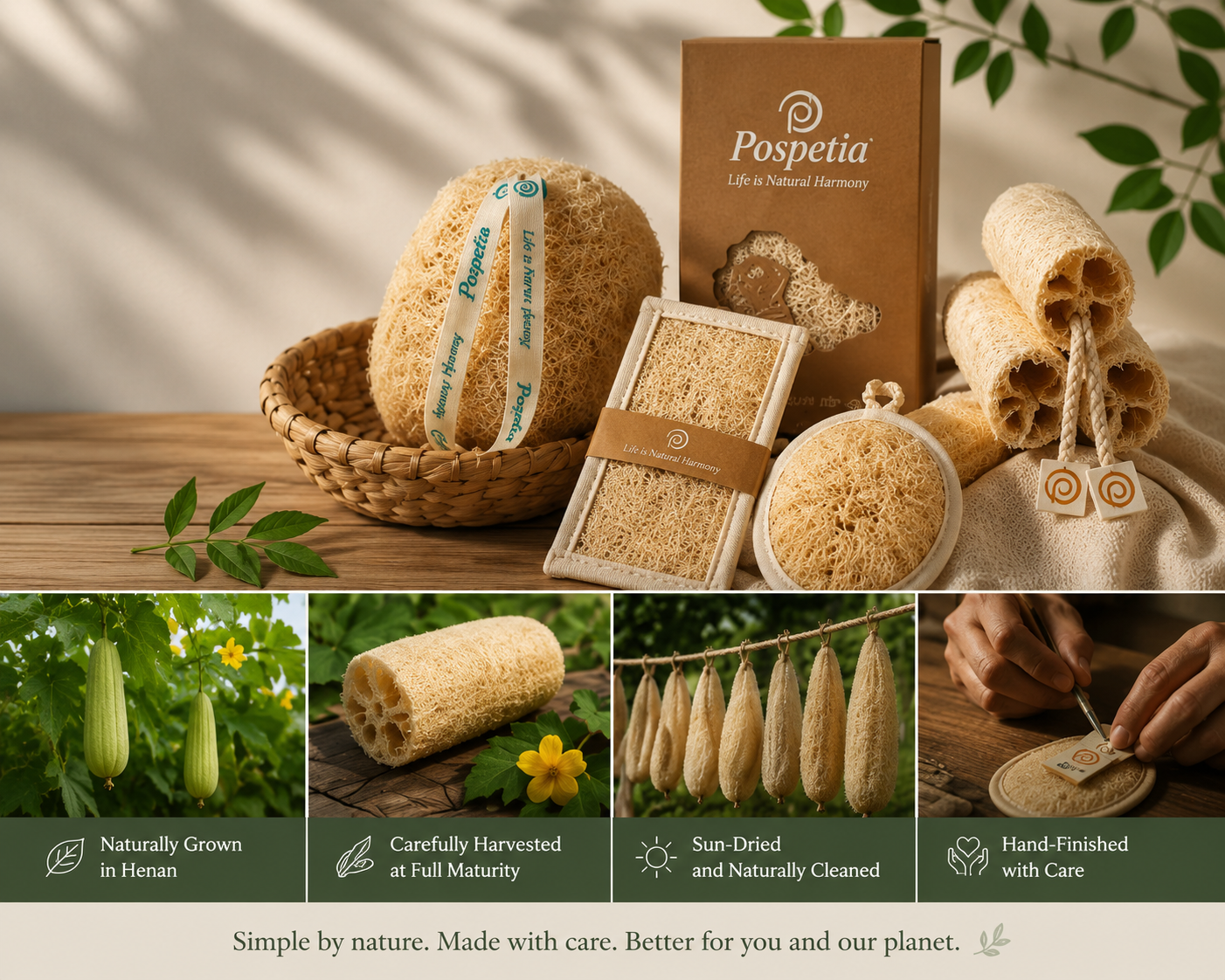 Naturally grown harvested sun dried and hand finished loofah production process