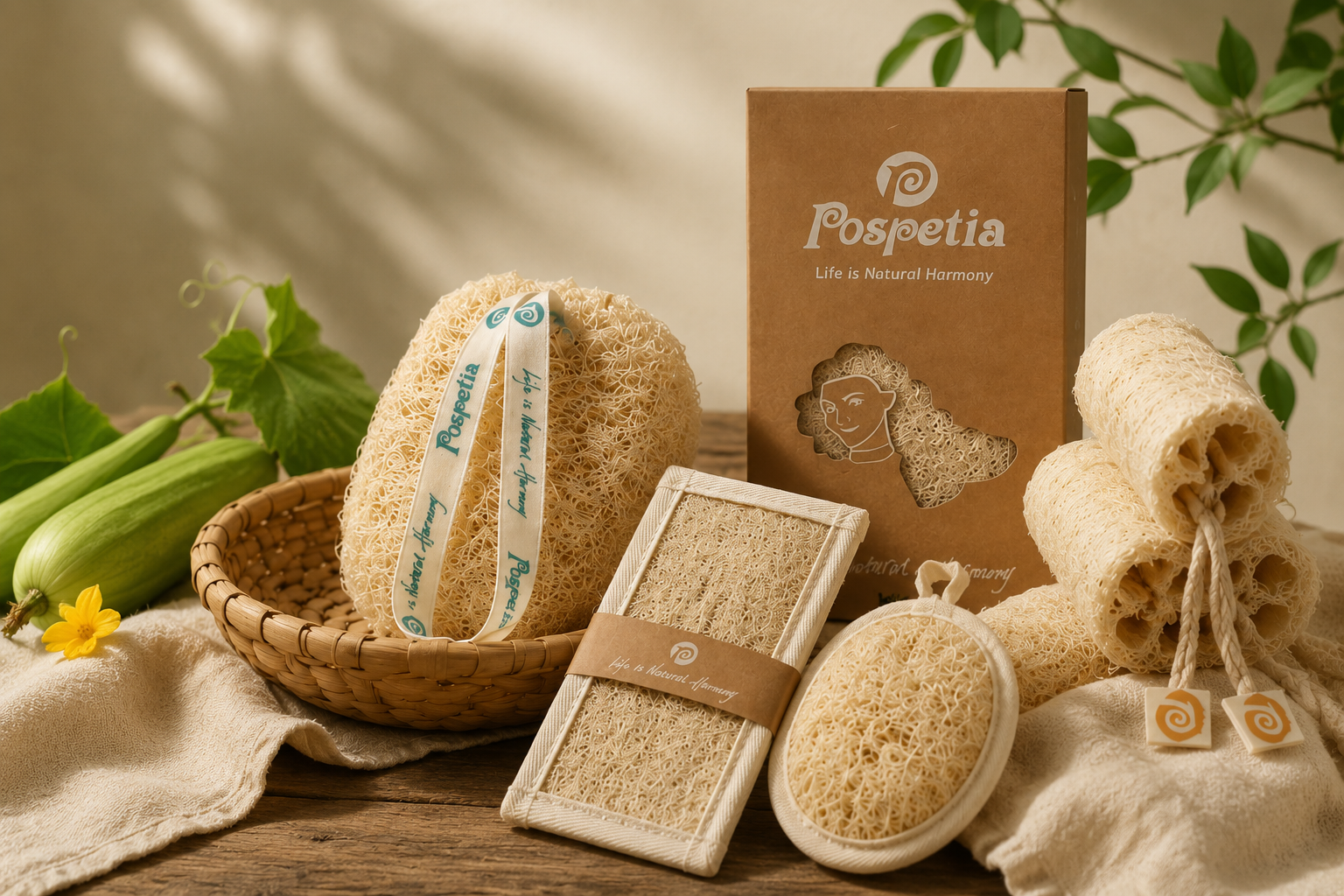 Natural loofah bath sponge and scrubber products with kraft packaging